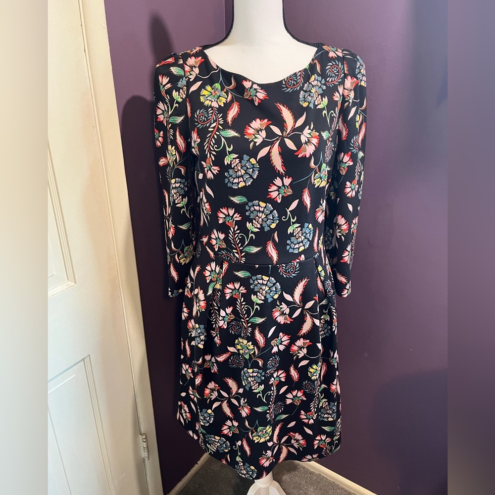 Boden Marie Jersey Dress Black Blossom Pome 3/4 Sleeve  Fall Flowers Size 8 US